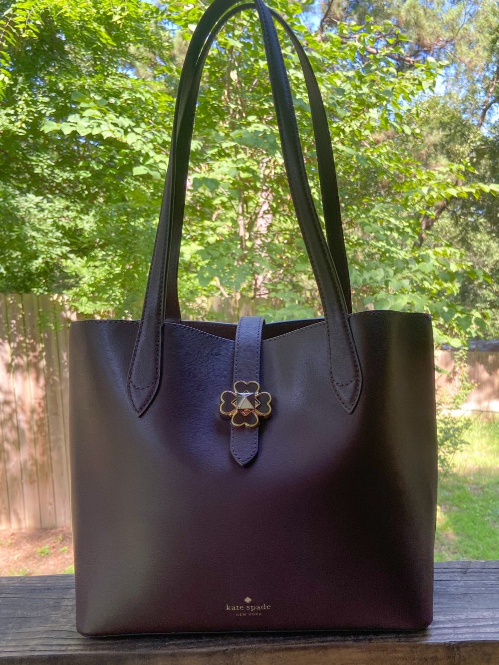 Kate Spade Kaci Small Leather Chocolate Cherry Tote with Clover Turn-Lock